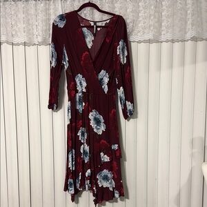 Elegant Floral Wrap Dress - Burgundy and Blue